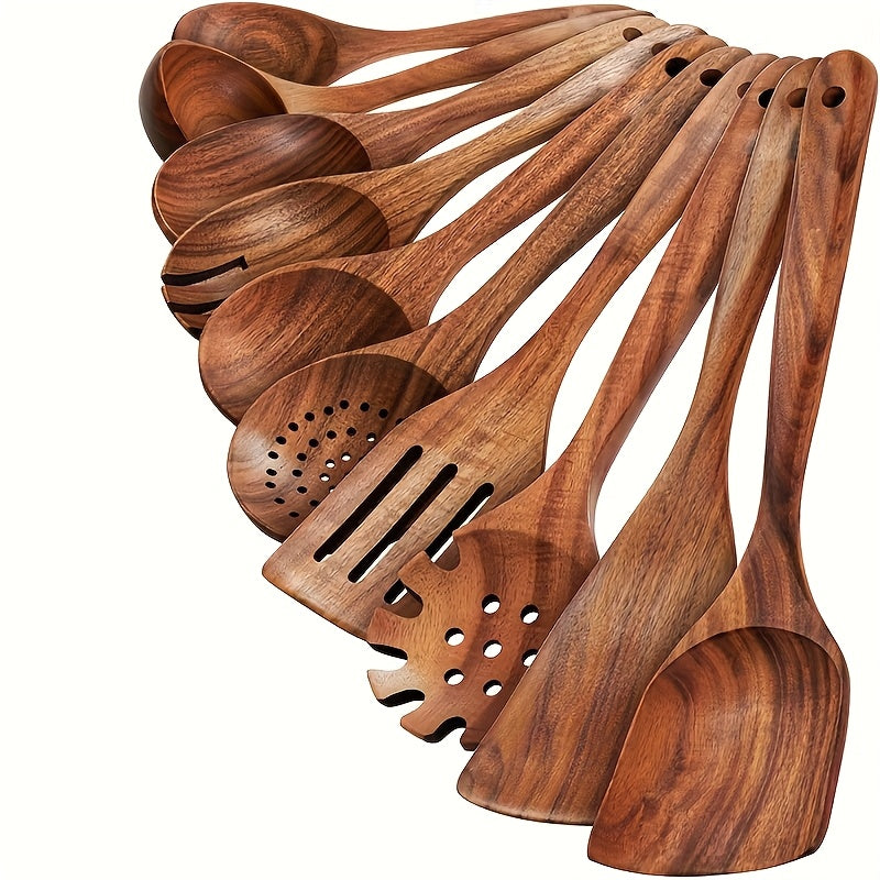 TEMU 10pcs Quality Teak Cookware Set - Friendly, Heat Resistant, Ergonomic Handle, Comfortable Grip - Stirring, Baking, Serving And