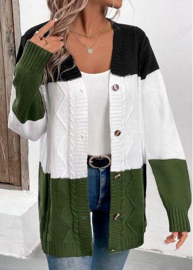 Modlily Green Patchwork Button Long Sleeve Cardigan - M
