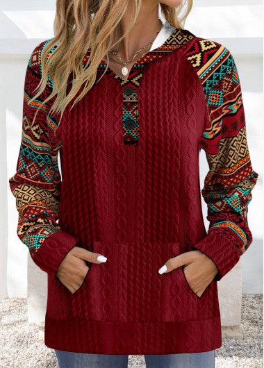 Modlily Wine Red Patchwork Tribal Print Long Sleeve Hoodie - L