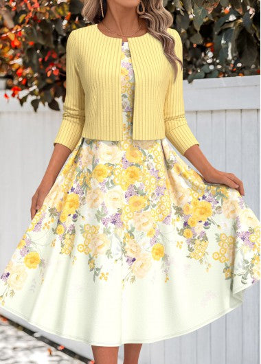 Modlily Light Yellow Two Piece Floral Print Dress and Cardigan - XL