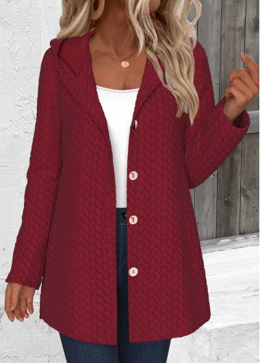 Modlily Wine Red Jacquard Long Sleeve Hoodie - XL