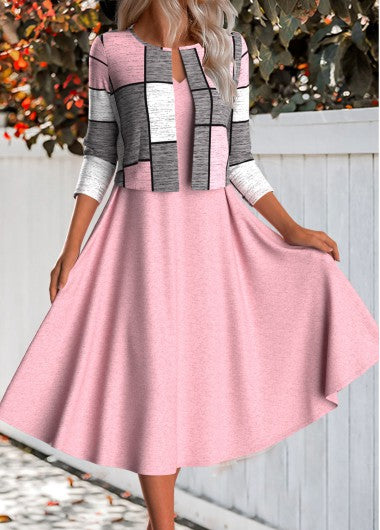 Modlily Pink Two Piece Plaid Long Sleeve Dress and Cardigan - XL