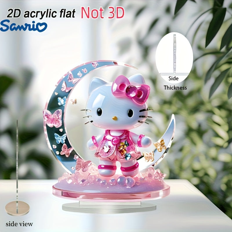 TEMU 2d Flat, 2d Flat Hello Kitty On Moon Acrylic Decoration - Heart-shaped Tabletop Ornament With Butterflies & Sparkling Stars, Perfect Gift For