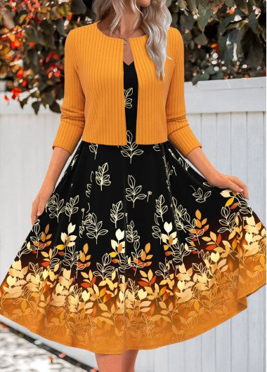 Modlily Terracotta Zipper Floral Print Long Sleeve Dress and Cardigan - XXL