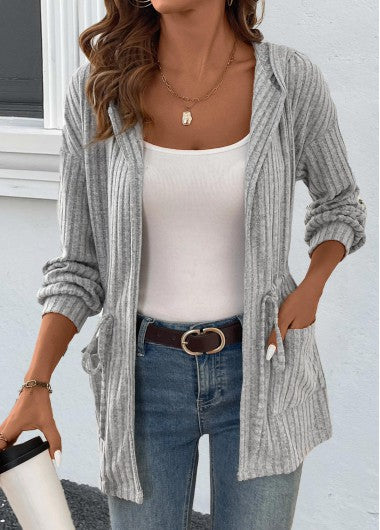 Modlily Grey Drawstring Long Sleeve Light Cardigan - XXL