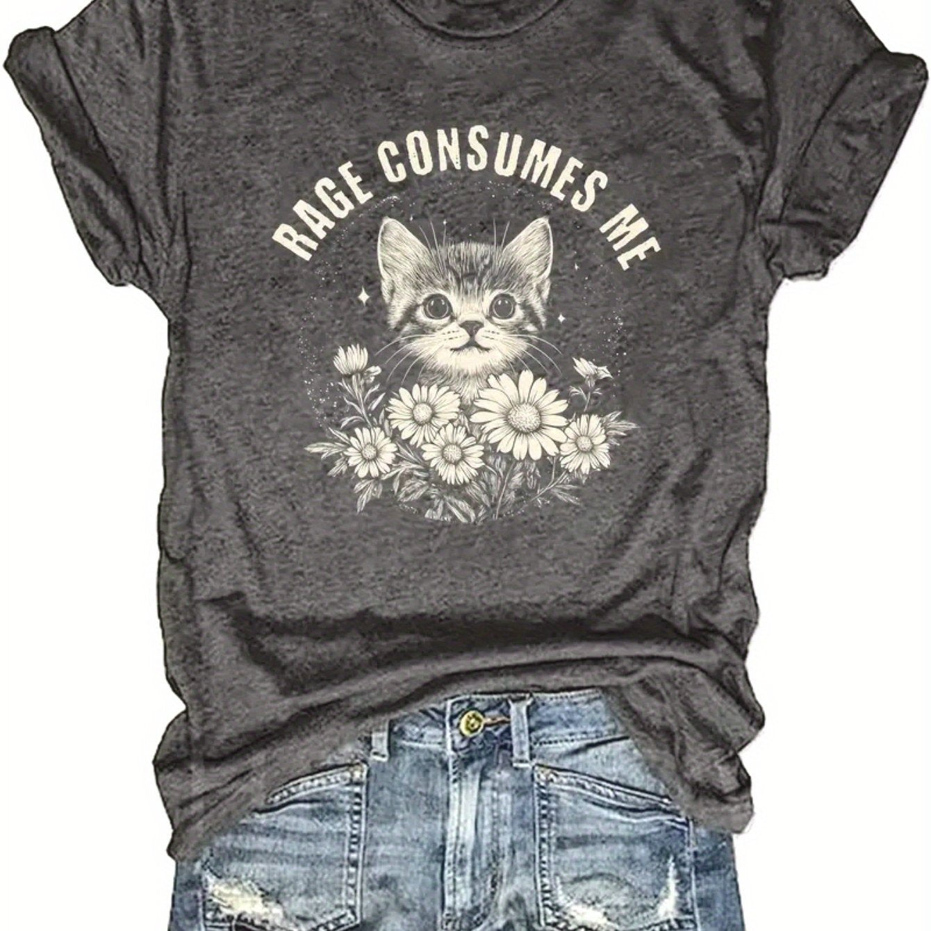 TEMU Crew Neck T-shirt - Fashionable Womens With "rage Consumes Me" Graphic & Floral Cat Graphic Print T-shirt - Casual Short Sleeve Crew Neck Top -