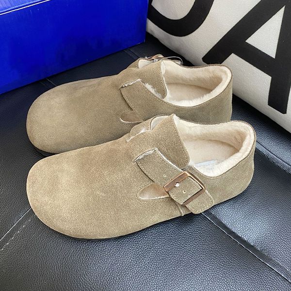 Women Men Clogs Sandals Cork Flat Designer Clog Slippers Winter Genuine Leather Buckle Slip-on Fur Slides Outdoor Casual Shoes Fluffy Slippe