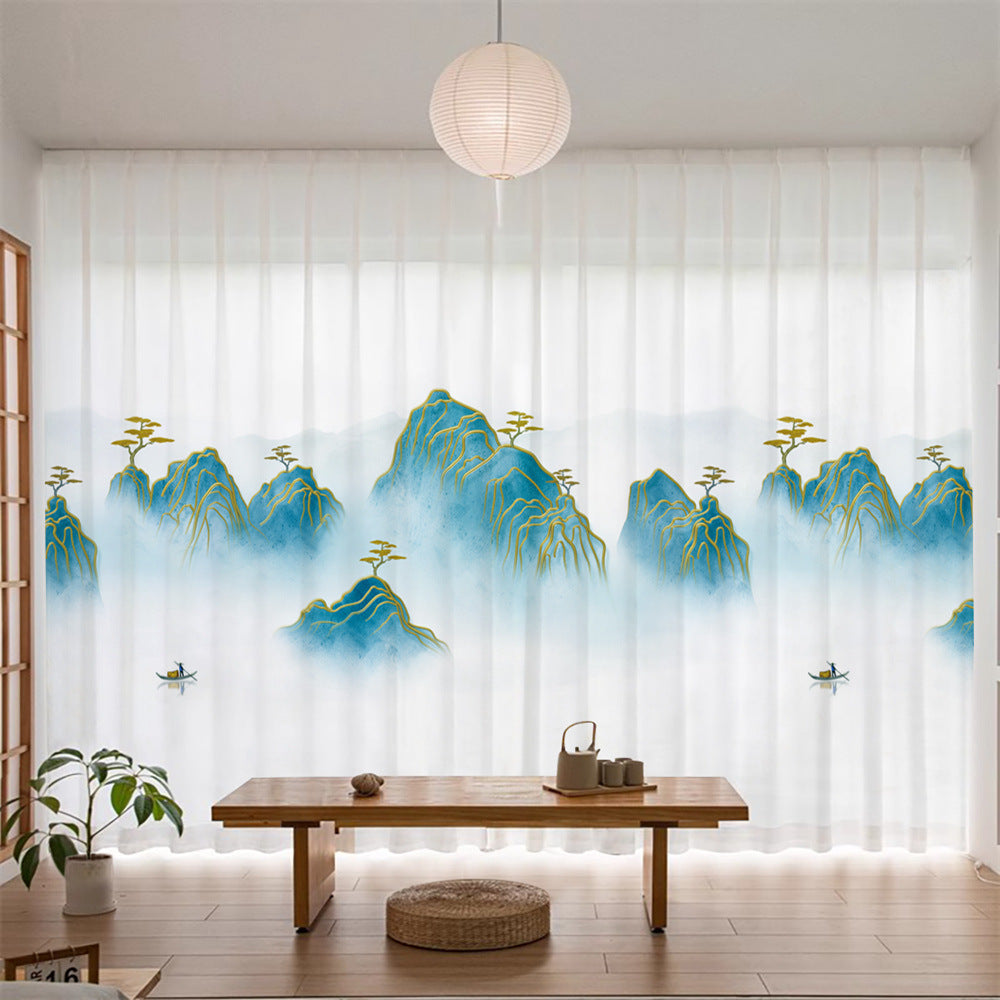 YL-36604 New Chinese style gauze curtain ink landscape painting curtain Chinese style new living room partition curtain light-transmitting