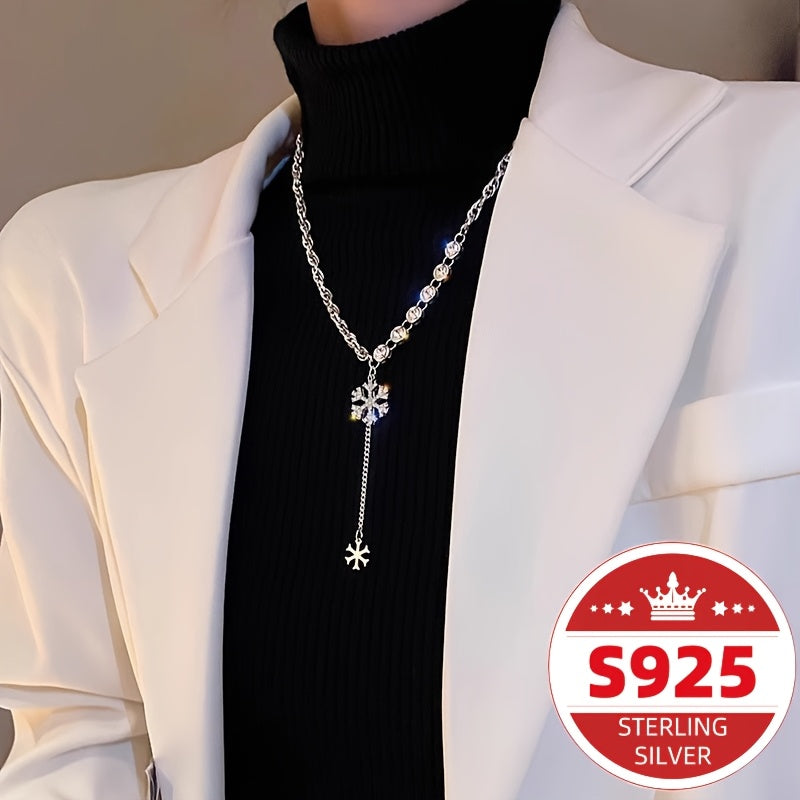 TEMU Small Design, Snowflake S925 Sterling Silvery Necklace, Women's Autumn And , Exquisite Commuting Long Sweater Necklace, Pendant Accessories,