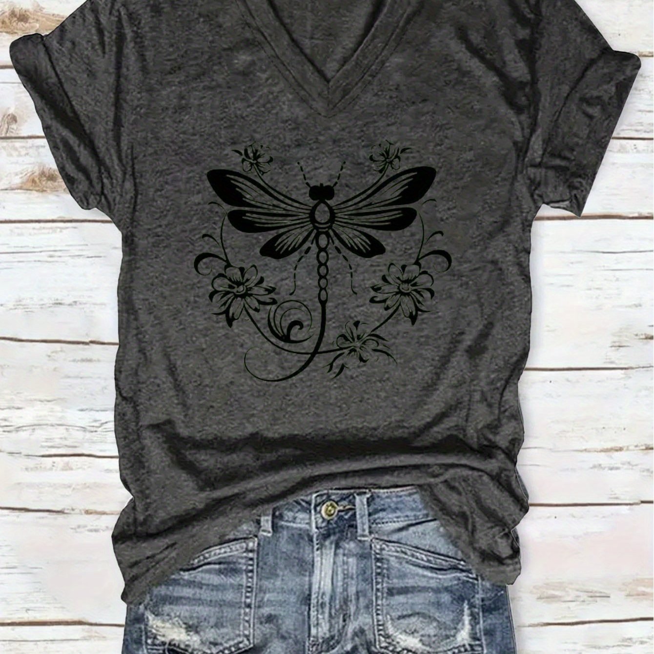 TEMU Women's Black & White Dragonfly Floral Print T-shirt - Soft V-neck Top, Breathable Everyday Shirt For Women, Birthday-anniversary Gift Idea -