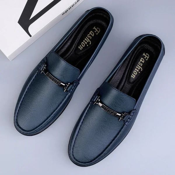 Mens Genuine Leather Shoes Casual Men Blue Business Slipon AllMatch Loafers Handmade Driving Flats 250110