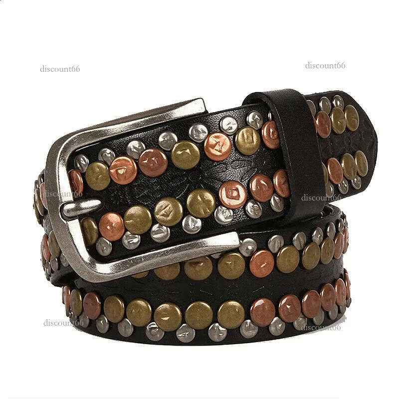 3.8CM Hip Hop Punk Style Round Rivet Genuine Leather Mens Cowboy Bolt Belt 240924