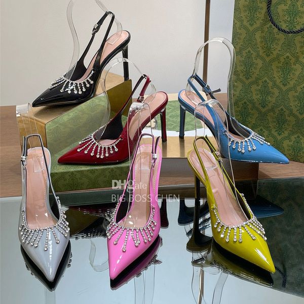 Top quality Rhinestone High heels slingback sandals Pointed toes stiletto heel Dress shoes for womens Patent leather Luxury designer High-he