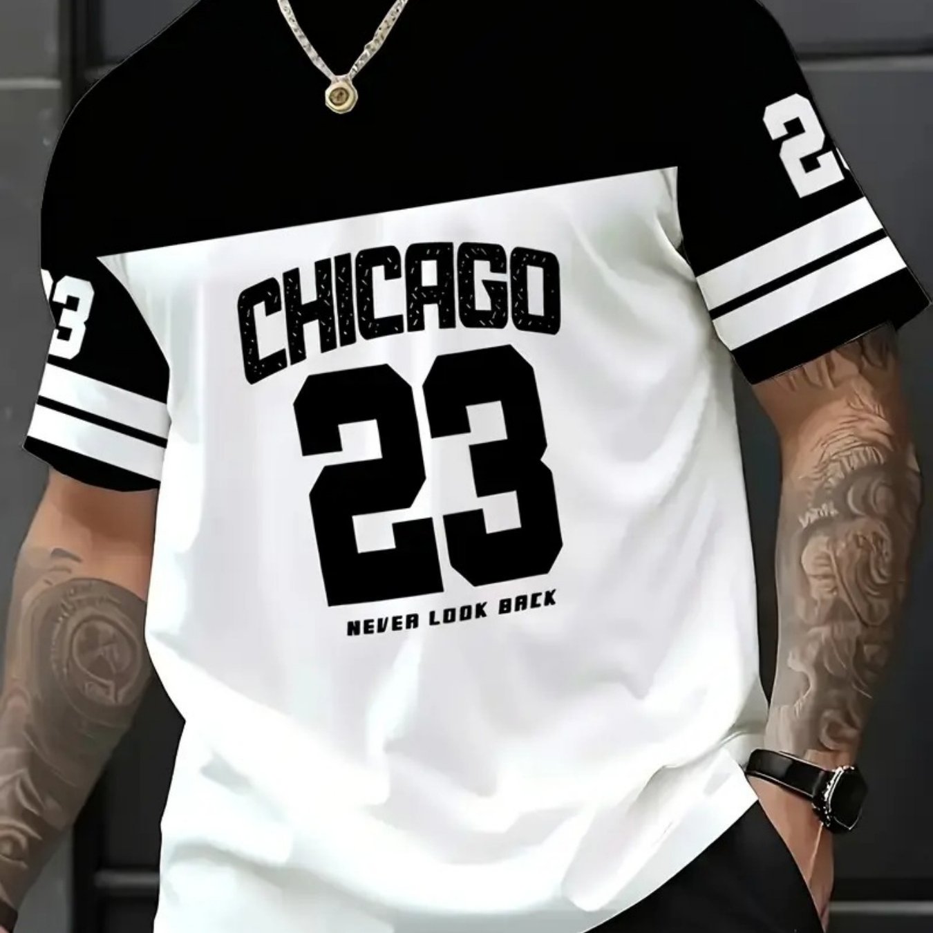 TEMU Men' Fashion, Lightweight Short-sleeved Tops, Casual Trendy Neck Short-sleeved T-shirts, Creative Chicago 23 Pattern