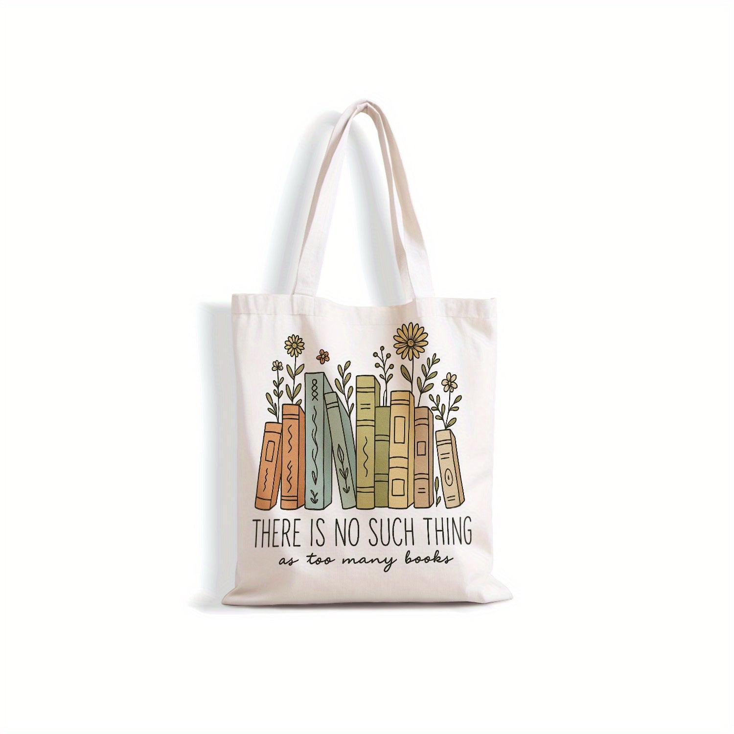 TEMU White Tote Bag With Book Illustration - " Is No Such Thing As Too Many Books" Design, Lightweight & Machine Washable, Daily , Gifts, And Teacher