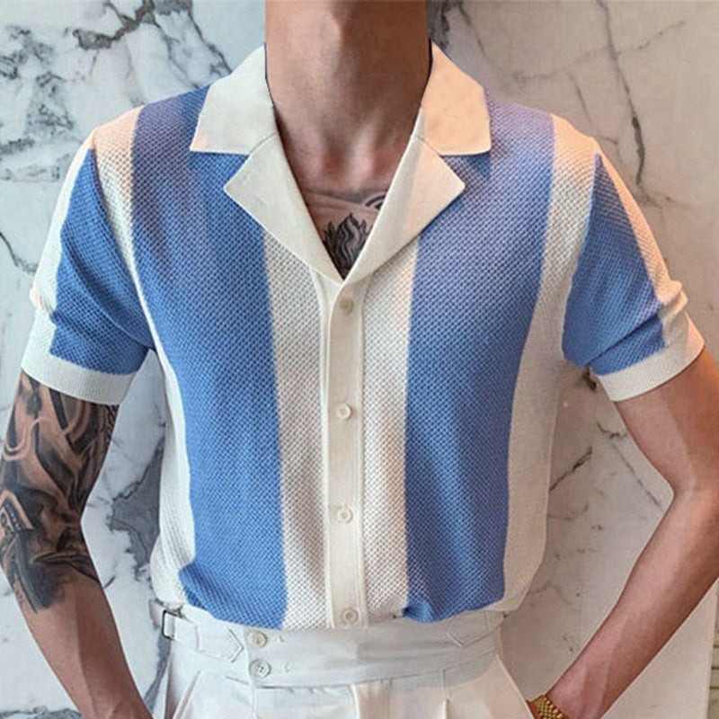 Men&#039;s T-Shirts Summer Men Turn-down Collar Shirt Patchwork Buttons Ribbing Short Sleeve Breathable Knitted Streetwear For MaleMen&#039;s