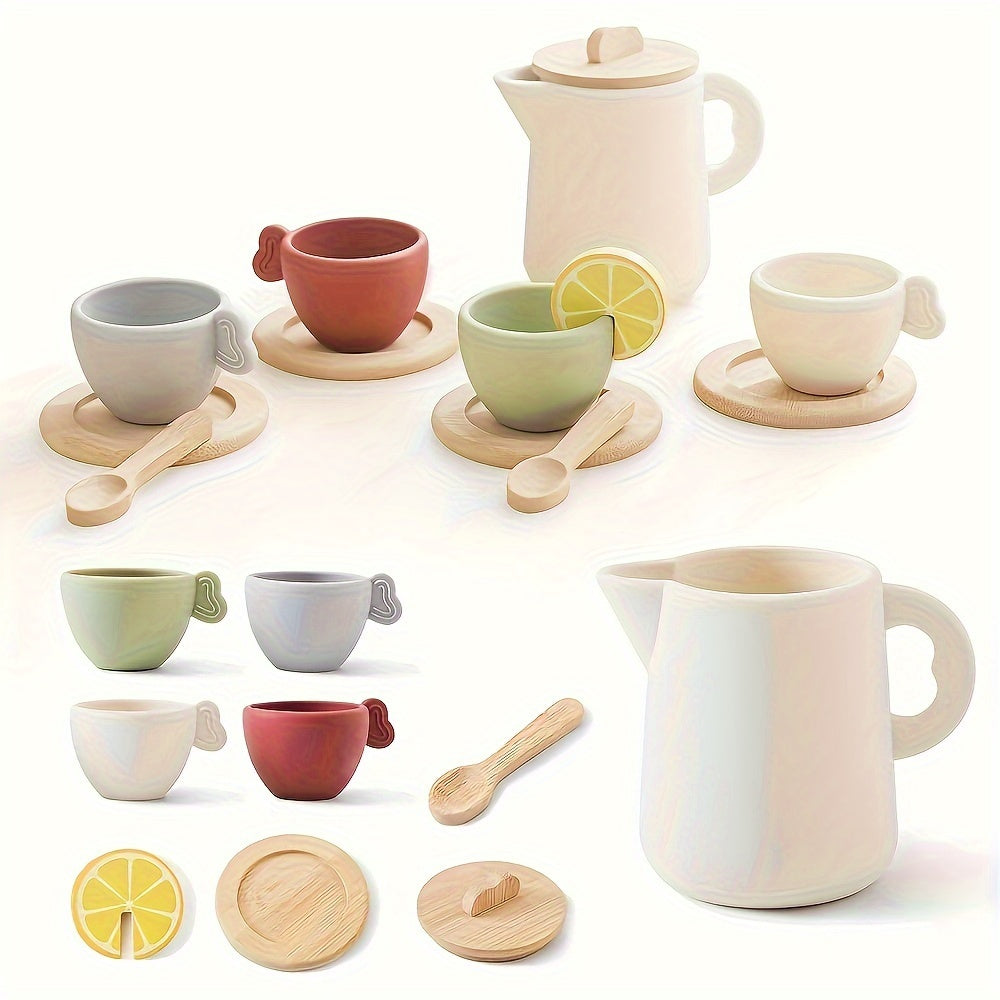 TEMU Wooden Tea Set With Teapot & Cup, Non-toxic Pretend Play With Colorful Cups & Saucers, Safe Rounded Edges - Princess Birthday Gift For ,