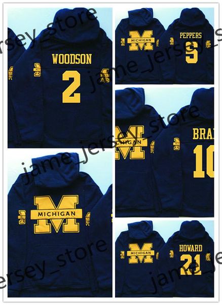 American College Football Wear Michigan Pullover Hoodie Jersey 2 Charles Woodson 4 Jim Harbaugh 5 Jabrill Peppers 10 Tom Brady 21 Desmond Ho