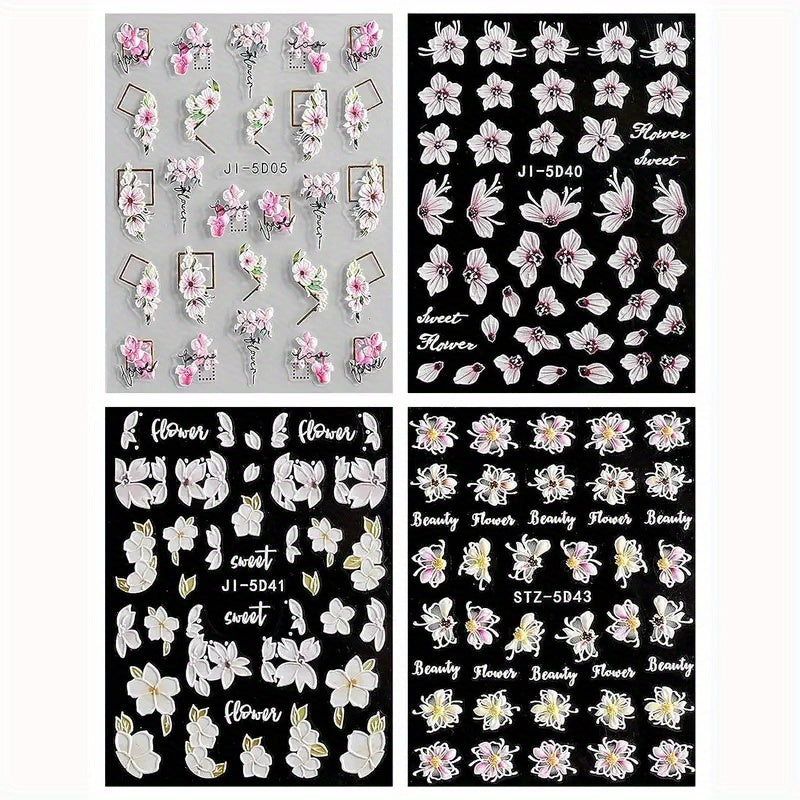 TEMU 4 Sheets, 5d Embossed Spring Nail Art Stickers, Selfadhesive Summer Flower Nail Art Decals For Dly Or Nail Salons, Nail For Women And