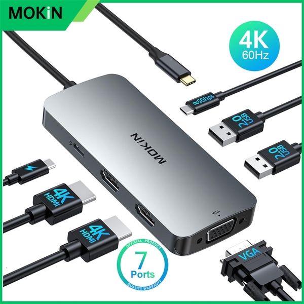 MOKiN USB C Hub Multi Port Adapter 7-in-1 Dual Display USB C Docking Station with 4K VGA 100W PD 3 USB ports suitable for HP 241225