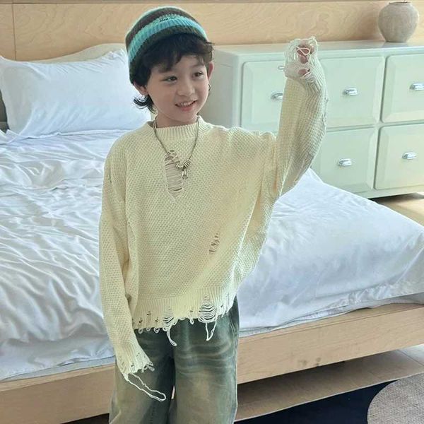Cardigan Childrens Clothing Sweater coreano 2024 Autumn Novo moda e belos garotos de malha de cor sólida casual com mangas compridas Q241205