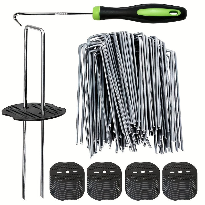 TEMU 101pcs Garden Stakes Set - U-shaped Galvanized Landscape With Plastic Fixing Washers And Installation Hook Tool For Barrier, Ground Cover, Fence