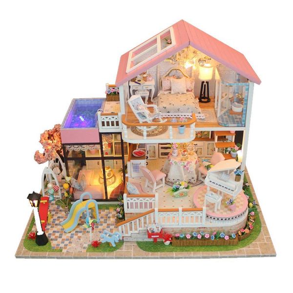 Doll House Accessories LED Light Doll House Miniature DIY Dollhouse Handmad Wooden Furnitures Pretend Play House Toy For Children Birthday G