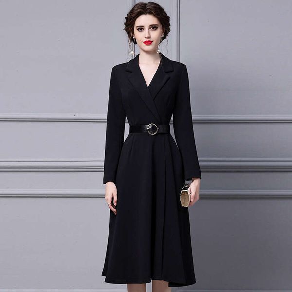 Black Dress for Spring and Autumn Women 2024 New Style Suit Collar Mid Length Long Sleeved Waist Cinching Slimming A-line Skirt SKINNY DRESS