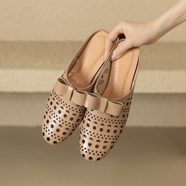 Hollowed Cowhide Out-cross Tie Fashion Slippers Comfortable Women Low Heel Commuting Student Shoes Geometric Pattern Sandals 43 e533