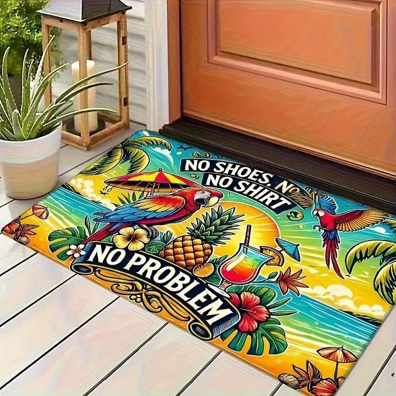 TEMU 1pc Non-slip Tropical Parrot & Pineapple Floor Mat - " " Mat, Turquoise-yellow-brown Palm Leaf Design, Hand Wash Only Rubber Backing For