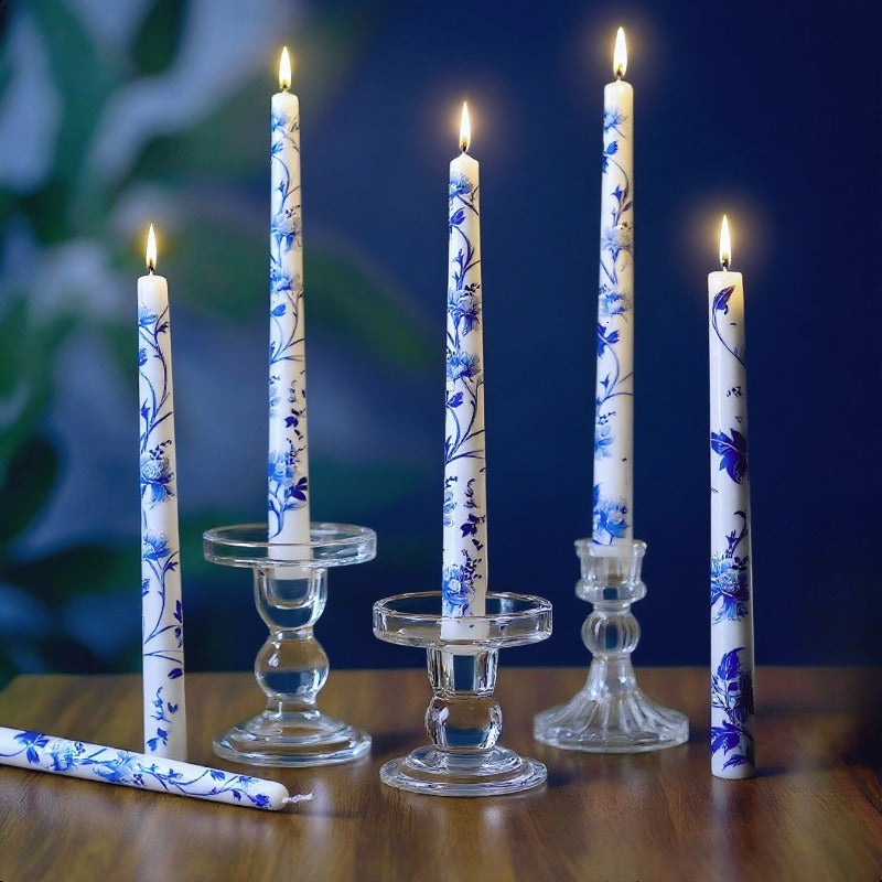 TEMU 6pcs 10" Porcelain Long Taper Candles - Unscented Soy Wax Candlesticks With Elegant Chinoiserie Design, 8-12 Hour Burn Christmas, Weddings,