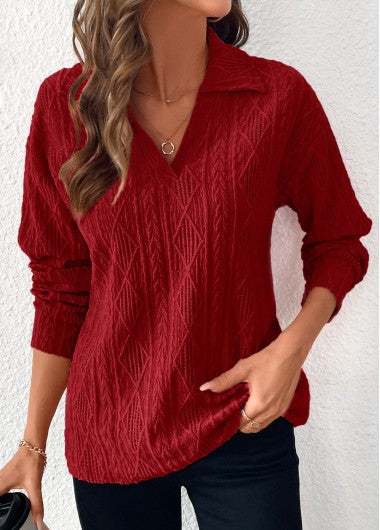 Modlily Wine Red Lace Long Sleeve Turn Down Collar Blouse - XL