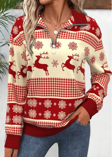 Modlily Christmas Wine Red Zipper Long Sleeve Sweatshirt - XXL