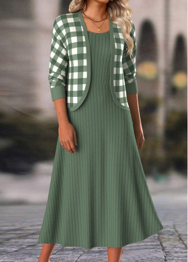 Modlily Sage Green Two Piece Plaid Dress and Cardigan - L