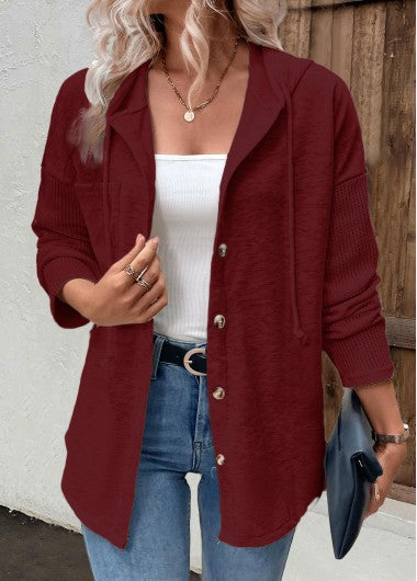 Modlily Wine Red Patchwork Long Sleeve Hoodie - M