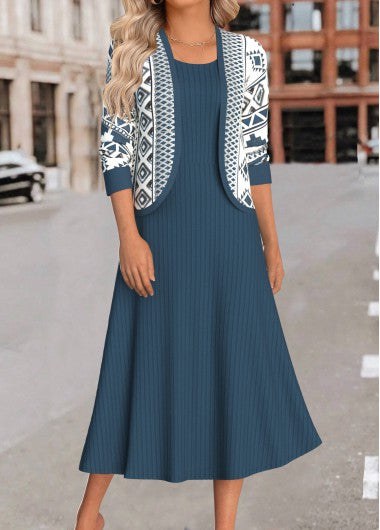 Modlily Peacock Blue Two Piece Geometric Print Dress and Cardigan - XL