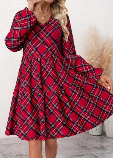Modlily Wine Red Patchwork Plaid Long Sleeve V Neck Dress - XL