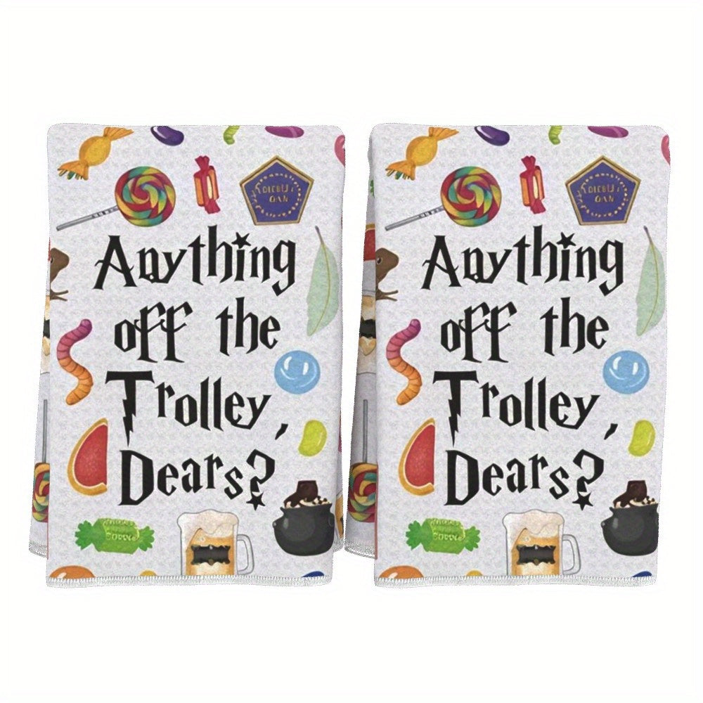TEMU 2-pack Funny Cartoon Kitchen Towels 18x26 Inch - "anything Off , Dears?" Design With Candy, Sweets & Party Hats - Soft Absorbent Polyester For