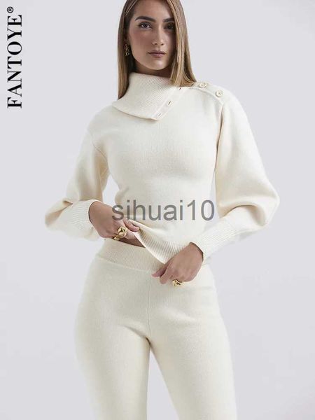 Women&#039;s Two Piece Pants Fantoye Two Piece Sets Women Knitted Set White Turn-down Collar Button Sweater Skinny Pant Suit Winter New Casu