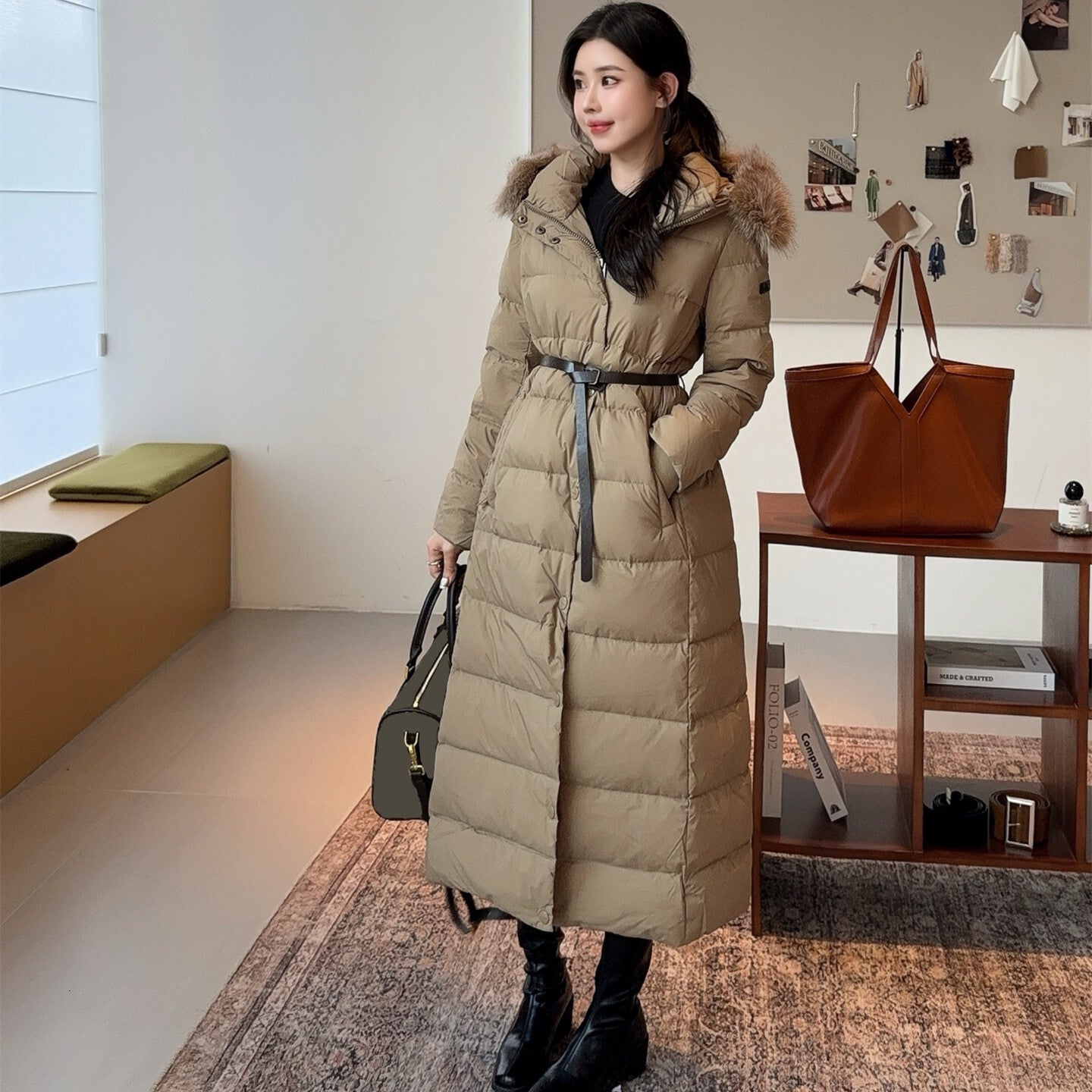 Womens Fashion Mid Long Down Coat Lightweight Warm Slim Fit Luxury Goose Down Jacket Natural White Goose Filling Premium Quality Winter Outerwear