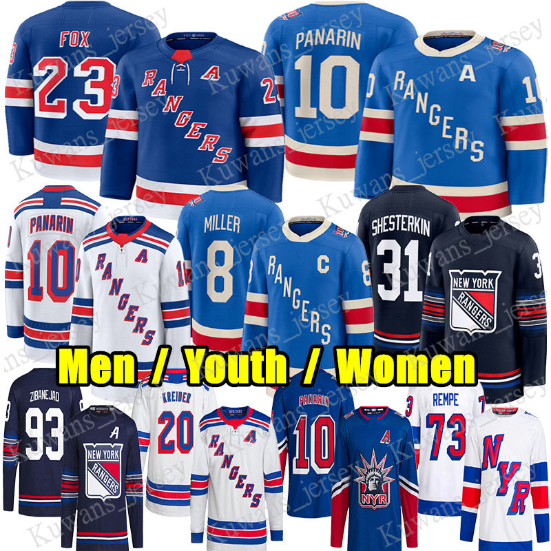 #10 Artemi Panarin NY Ranger hockey jersey #23 Adam Fox Igor Shesterkin Mika Zibanejadd Vincent Trocheck JT Miller Alexis Lafreniere Will Cuylle Mat