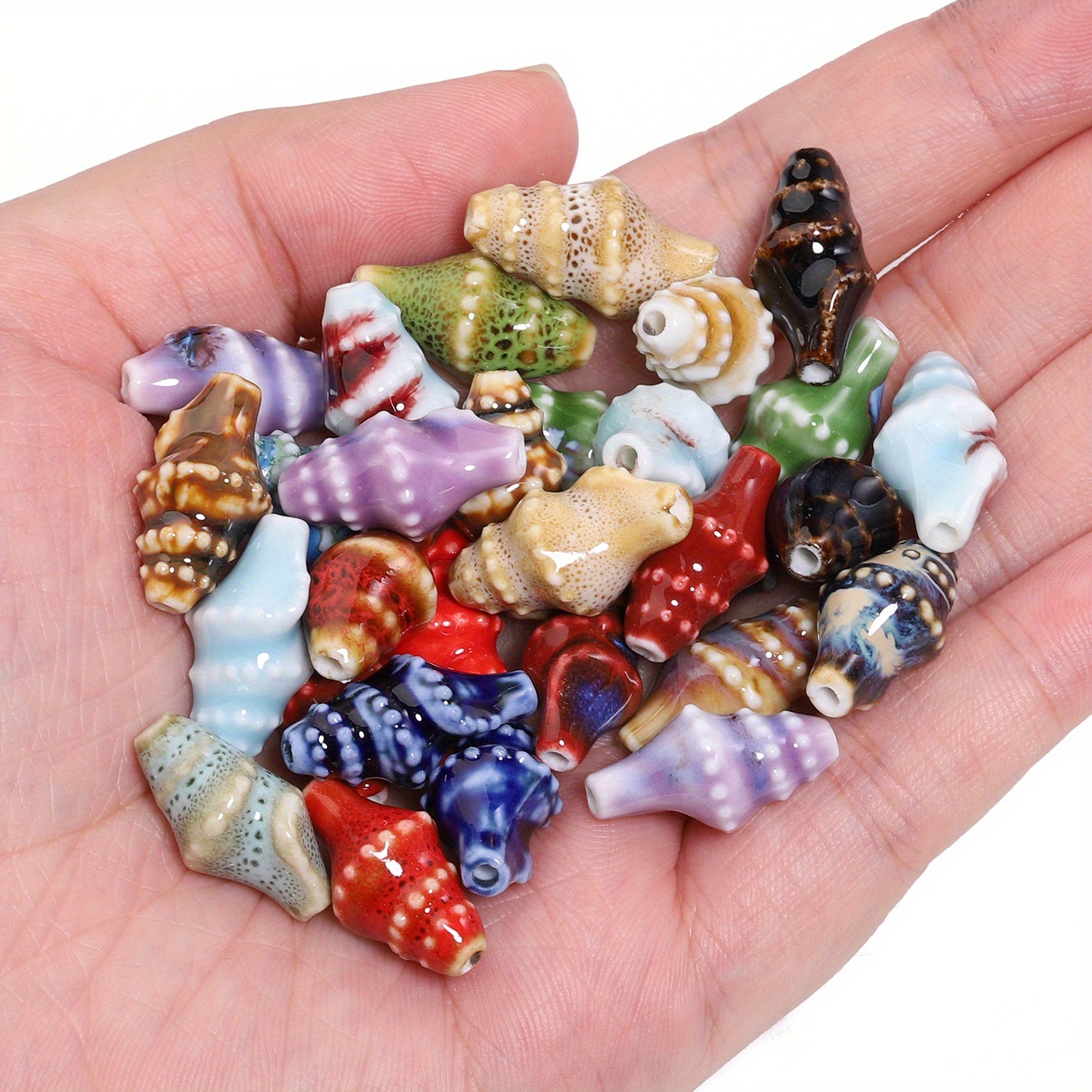 TEMU 30pcs 10x20mm Mixed Color Conch Ceramic Beads With Pre-drilled Holes - Ocean-inspired Textured Beads For Making, Bracelets, Necklaces & Handmade
