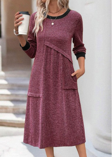 Modlily Wine Red Patchwork A Line Long Sleeve Dress - XL