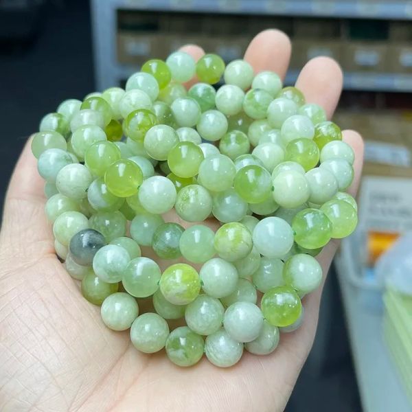 JD Natural Light Green White Jade Chinese Xiuyu Round Bead Bracelets Women Reiki Healing Health Care Energy Strand Bangles Gift