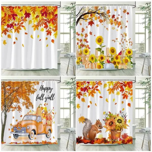 Fall Maple Leaves Shower Curtains Rustic Farm Truck Sunflower Pumpkin Squirrel Autumn Thanksgiving Bathroom Decor Set With Hooks 250113