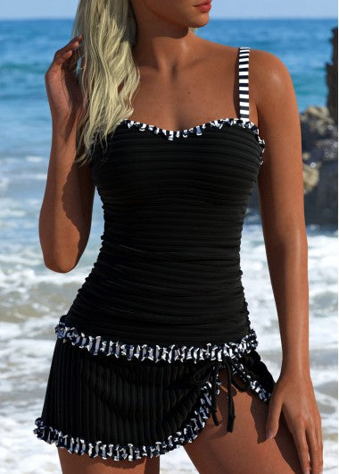 Modlily Contrast Binding Striped Black Tankini Set - S