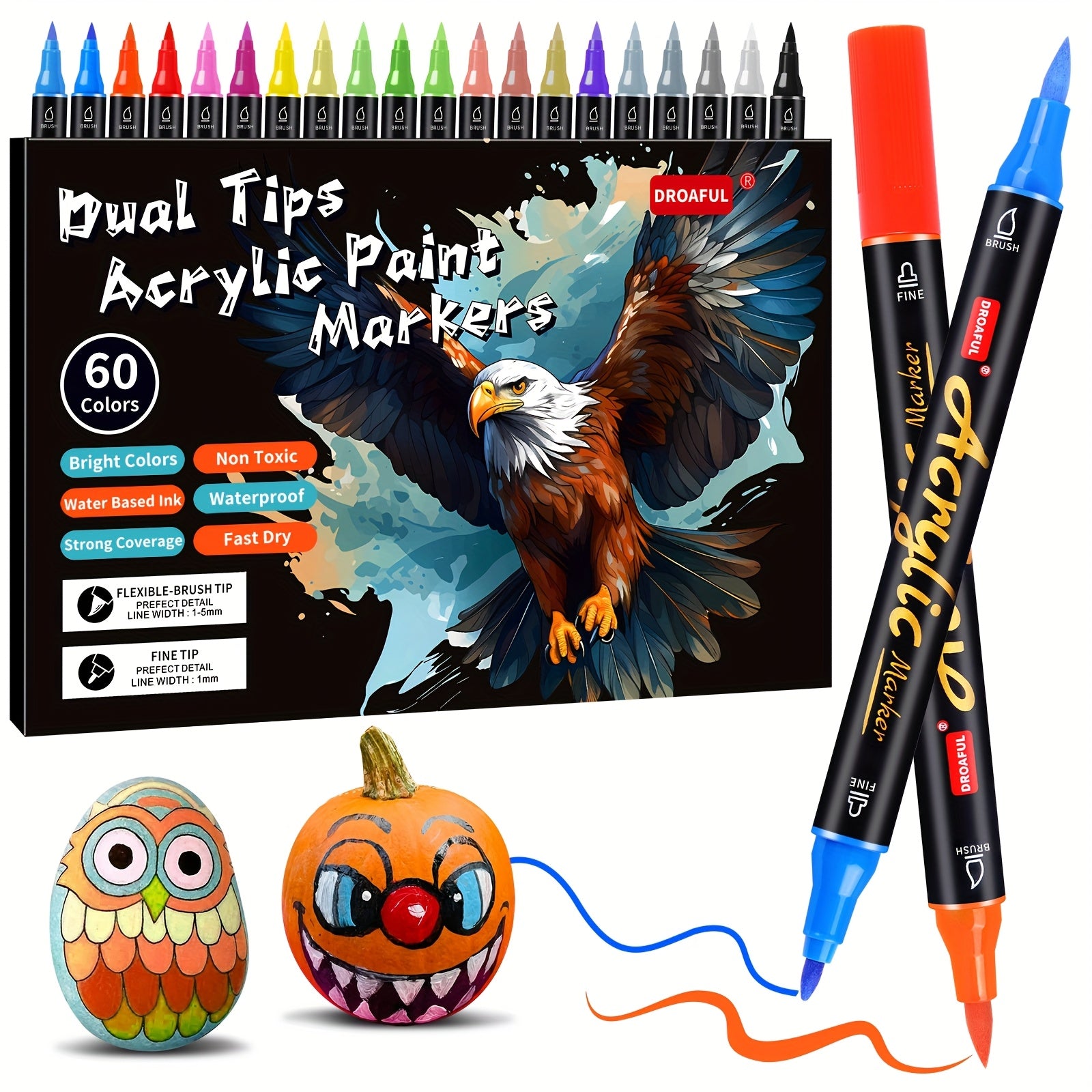 TEMU 60 Colors Dual Tip Waterproof Acrylic Paint Markers - Non-toxic & Paint Pens With Brush & , Vibrant Water-based Ink For Rock Painting, Fabric,