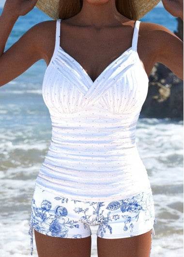 Modlily Floral Print White Jacquard Tankini Set - M