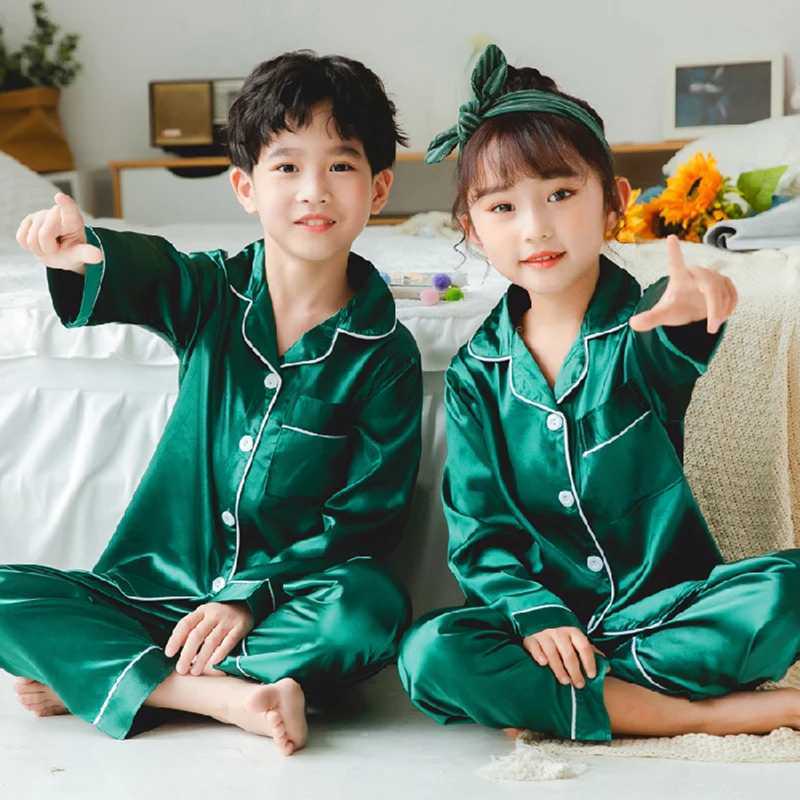 New Children Silk Satin Pyjamas Set Baby Sleepwear Pijama Solid color Pajamas Suit Boys Girls Sleep Set Autumn Kids LoungewearXJ241116