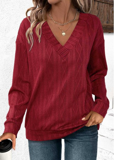 Modlily Wine Red Jacquard Long Sleeve V Neck Sweatshirt - M